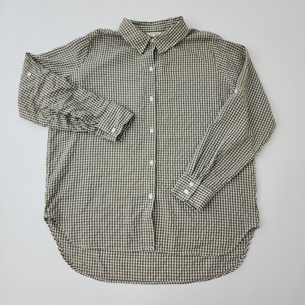 Max Studio Olive Green Gingham Button Down Shirt Roll Tab Sleeve Large